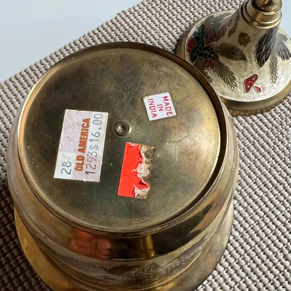Vintage Brass Candle Holder & Bowl Set Christmas Enamel Made in India Holiday De